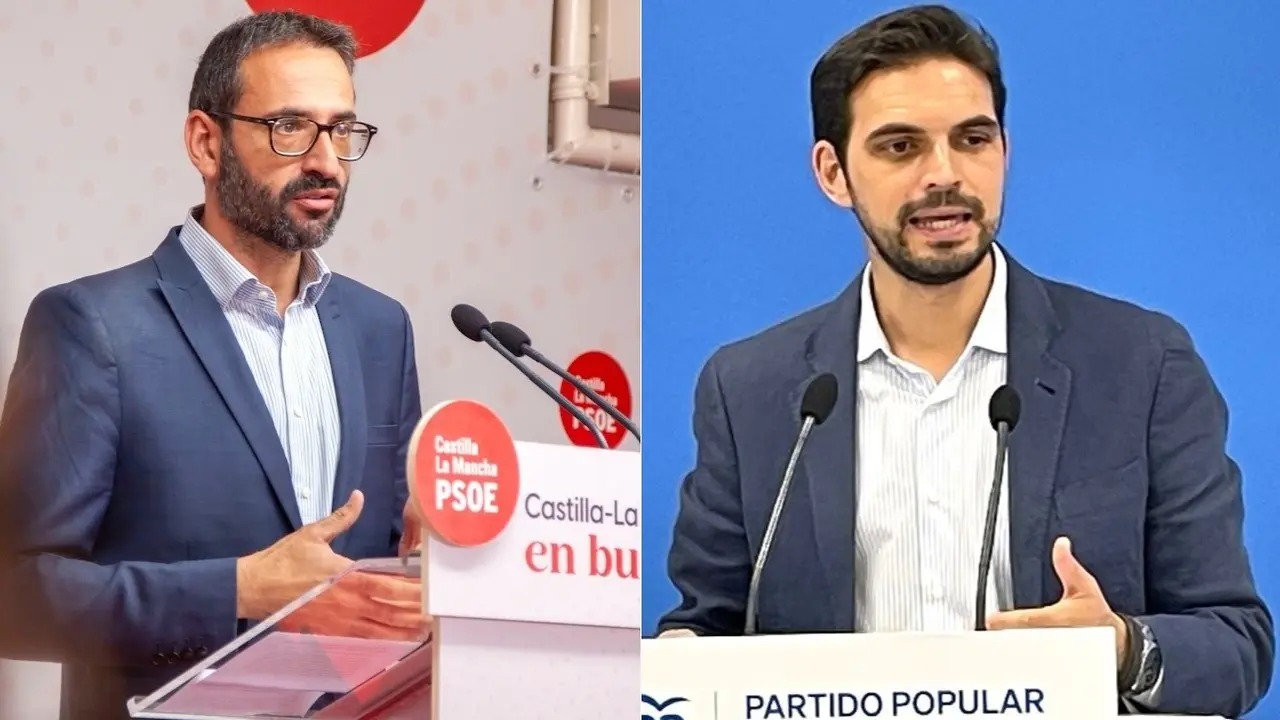 El secretario de Organización del PSOE de Castilla-La Mancha, Sergio Gutiérrez, y el viceportavoz del PP en las Cortes de Castilla-La Mancha, Santiago Serrano, en sendas comparecencias
