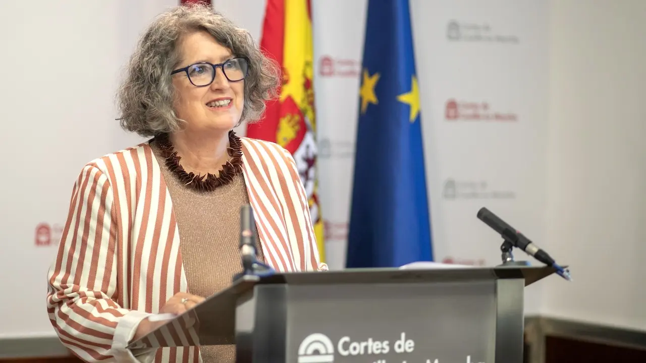 La consejera de Desarrollo Sostenible, Mercedes Gómez, en rueda de prensa en las Cortes de Castilla-La Mancha antes de su comparecencia ante el Pleno