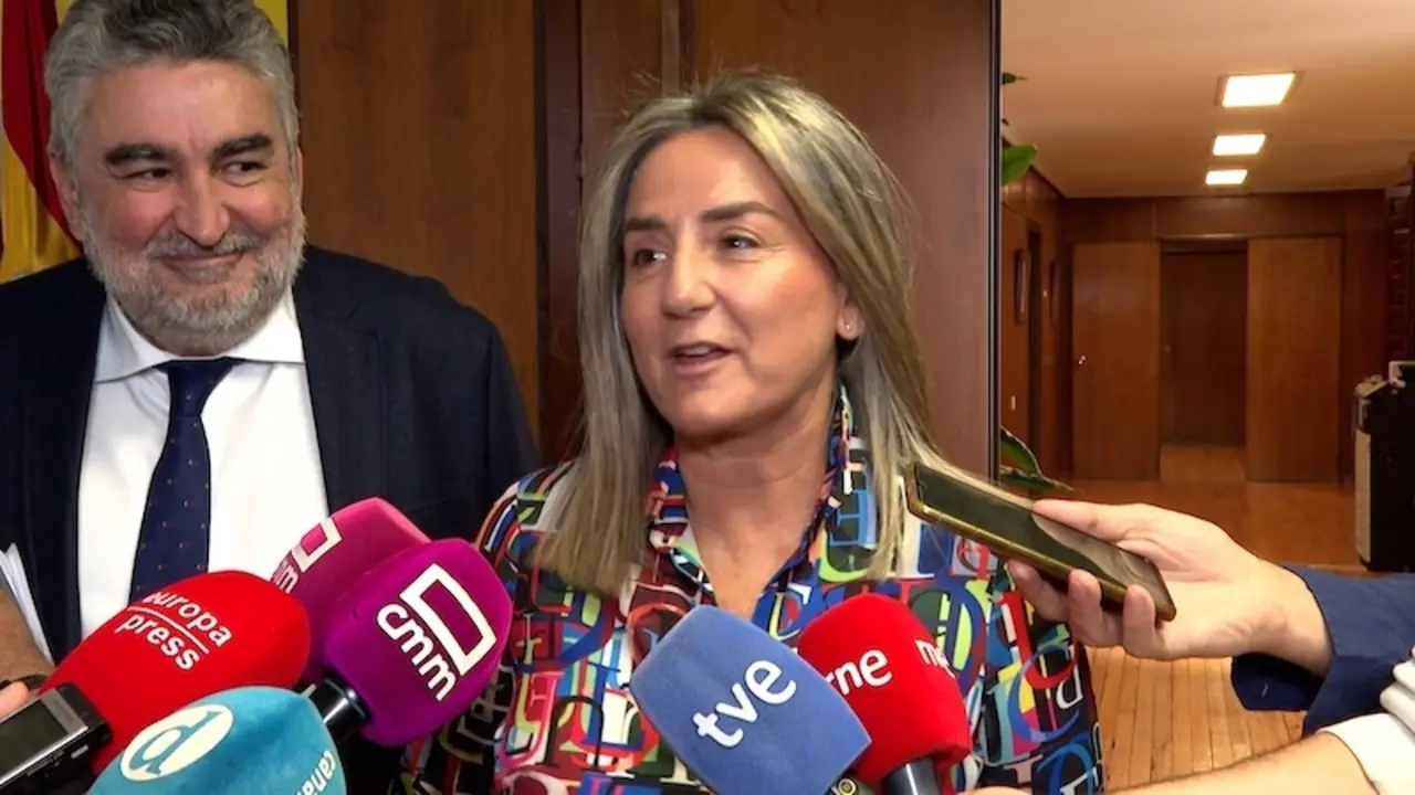 La delegada del Gobierno en Castilla-La Mancha, Milagros Tolón, atendiendo a los medios este lunes en la Delegación