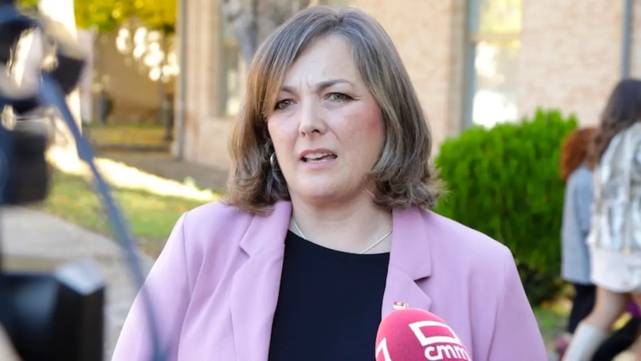 La diputada del PSOE en las Cortes de Castilla-La Mancha, Rosario García Saco, atendiendo a los medios este sábado en Toledo