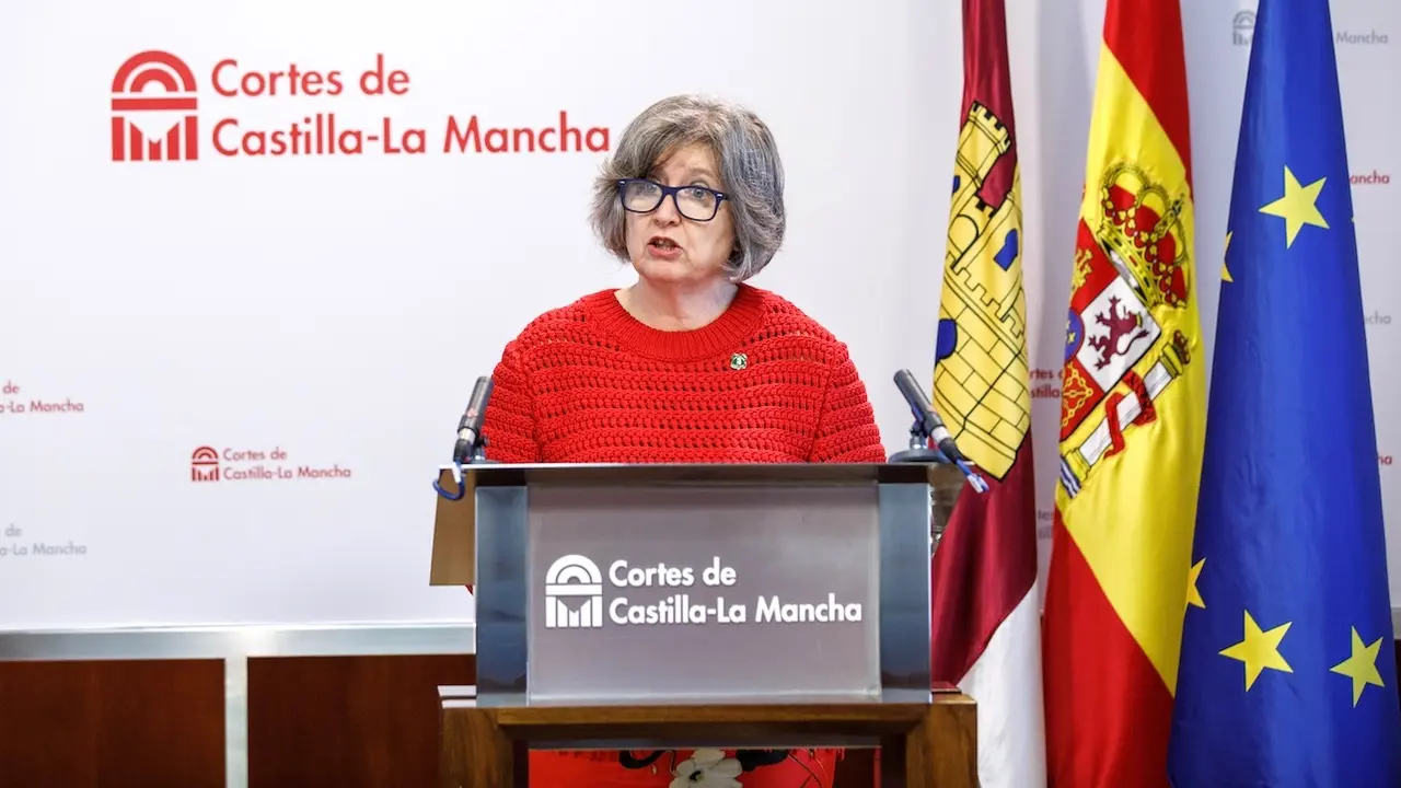 La consejera de Desarrollo Sostenible de Castilla-La Mancha, Mercedes Gómez, durante la rueda de prensa que ha ofrecido en las Cortes regionales