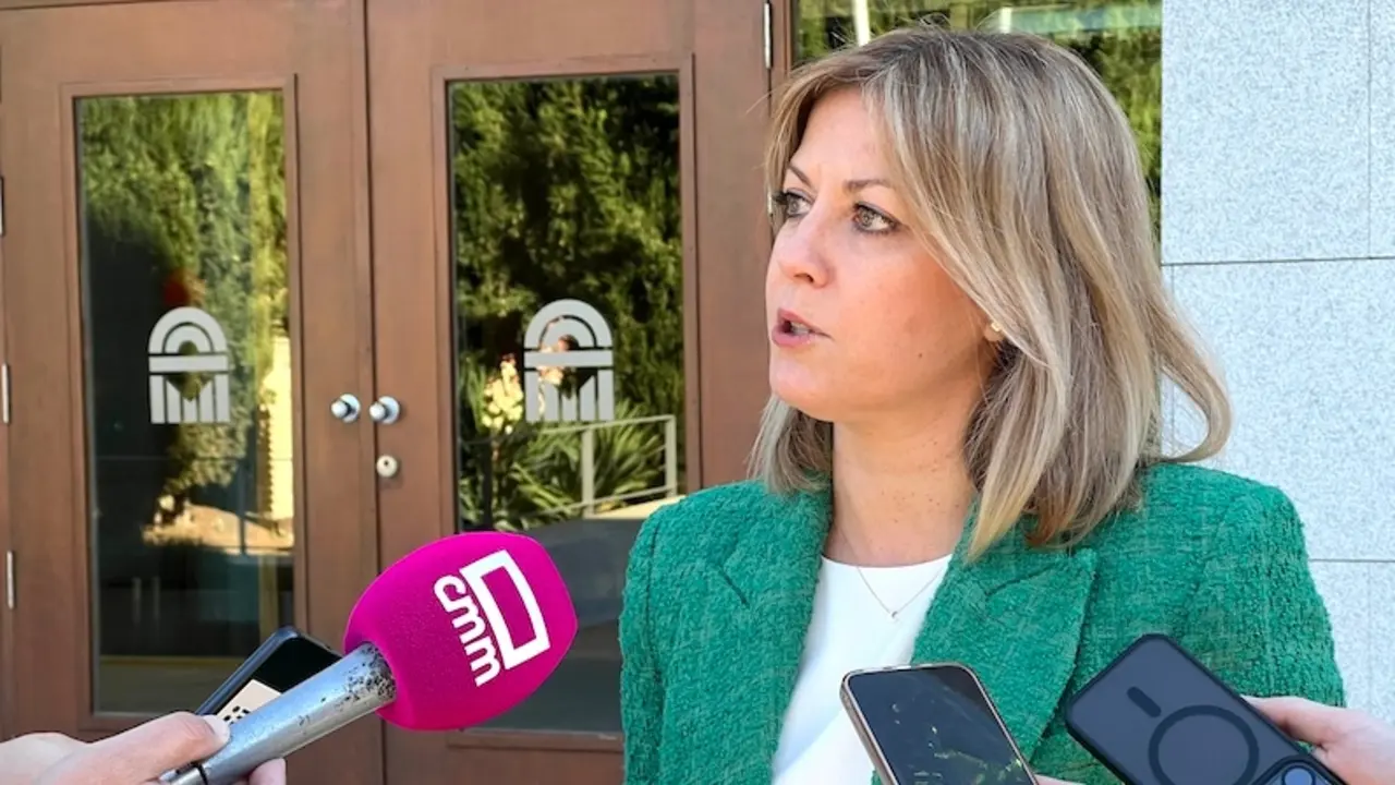La portavoz del PSOE en las Cortes de Castilla-La Mancha, Ana Isabel Abengózar, atendiendo a los medios a las puertas del Parlamento regional