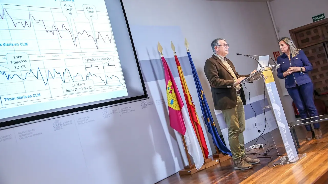 El delegado de la Aemet, Luis María Bañón, junto a la delegada del Gobierno en la región, Milagros Tolón, presenta el balance climatológico del otoño en Castilla-La Mancha