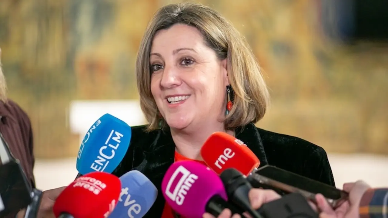 La consejera de Economía, Empresas y Empleo, Patricia Franco, atendiendo a los medios de comunicación este miércoles en Toledo