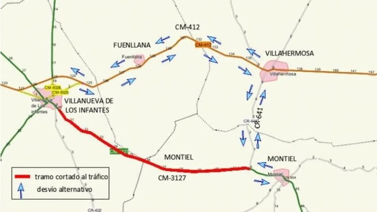 La carretera CM-3127 que une Villanueva de los Infantes con Montiel, cortada por obras