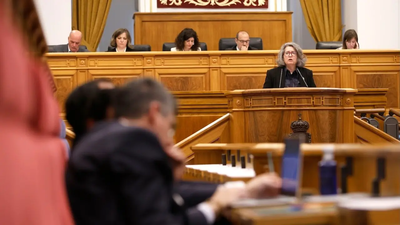 La consejera de Desarrollo Sostenible de Castilla-La Mancha, Mercedes Gómez, durante su intervención en el Pleno de las Cortes regionales