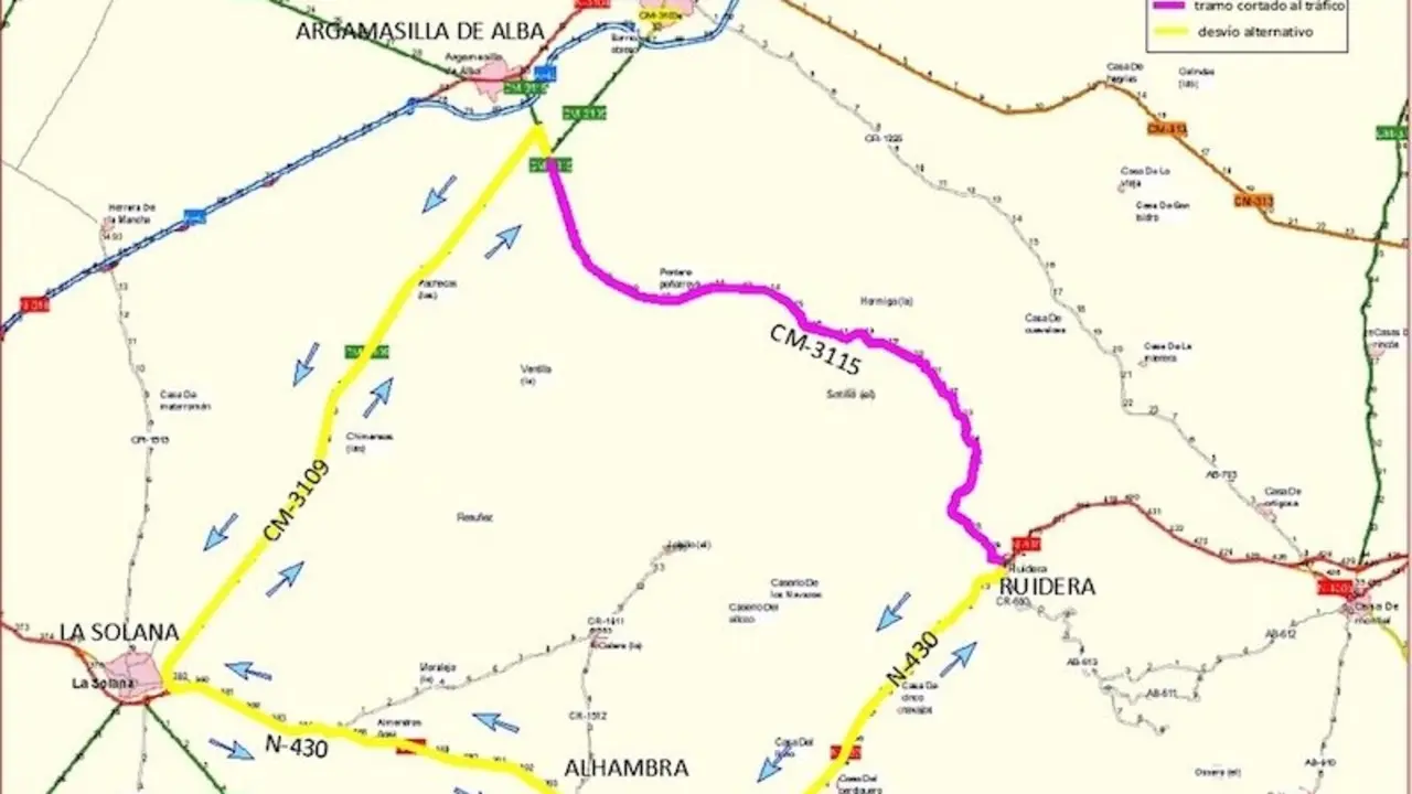 La CM-3115 entre Argamasilla de Alba y Ruidera cerrada al tráfico por obras