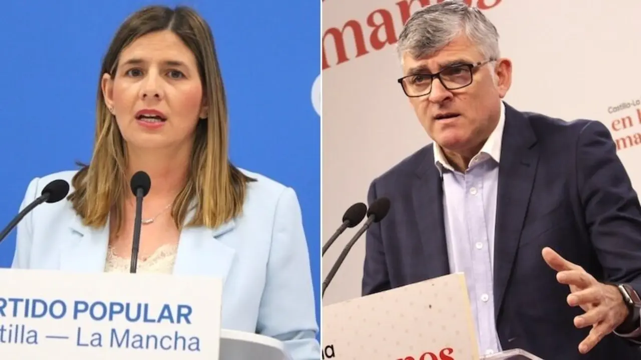 La secretaria general del PP de Castilla-La Mancha y portavoz parlamentaria, Carolina Agudo, y el presidente del PSOE en las Cortes de Castilla-La Mancha, Ángel Tomás Godoy, en sendas ruedas de prensa
