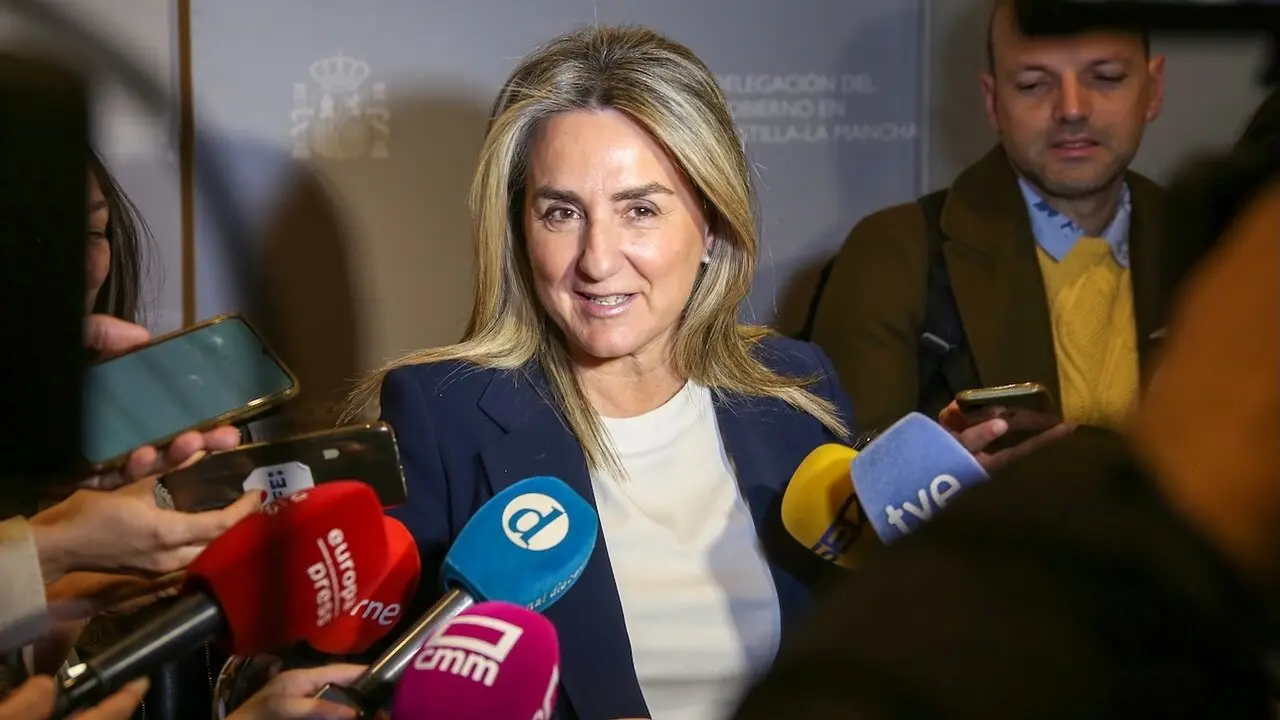 La delegada del Gobierno en Castilla-La Mancha, Milagros Tolón, atendiendo a los medios de comunicación este martes en Toledo