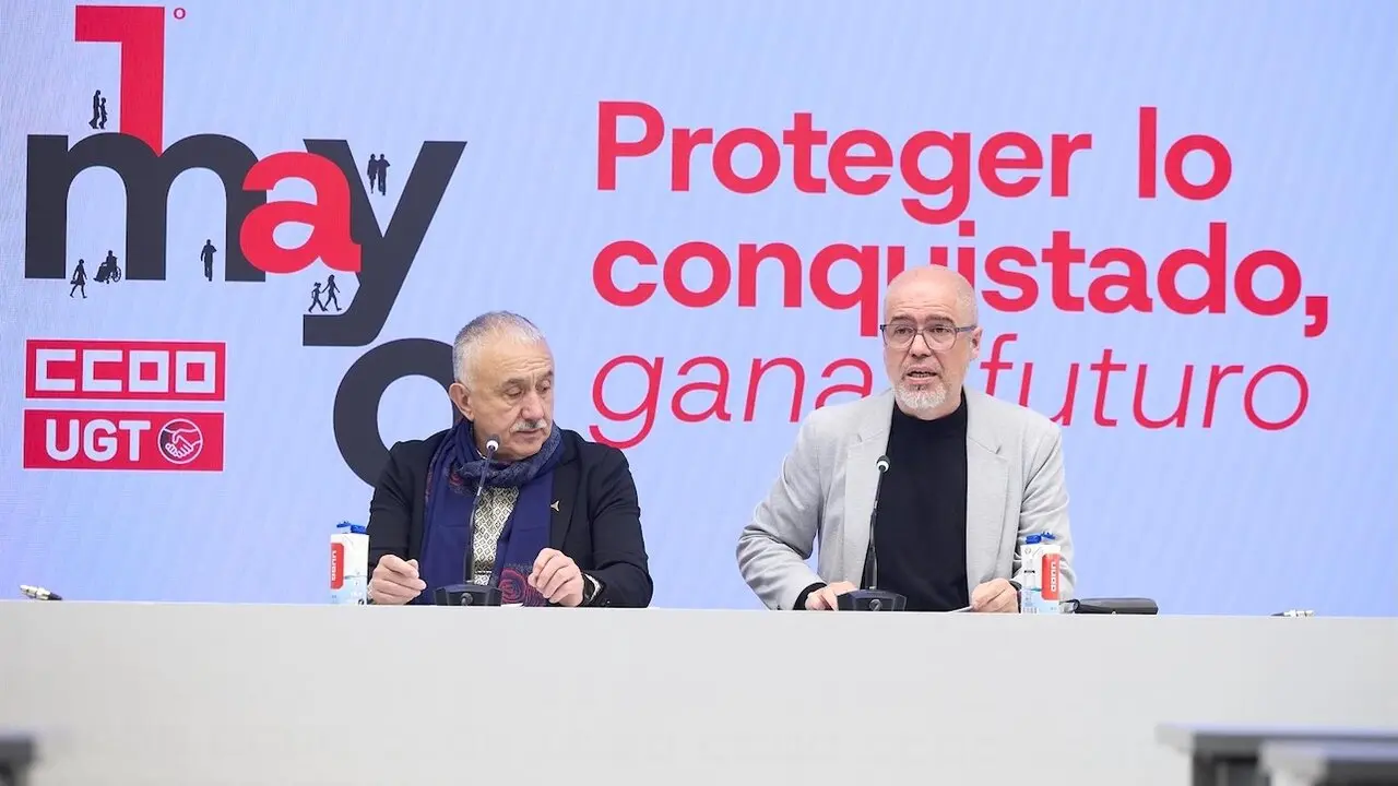 Los secretarios generales de UGT y CCOO, Pepe Álvarez y Unai Sordo, ofrecen una rueda de prensa con motivo de la celebración del Primero de Mayo, Día Internacional del Trabajo - EP/Jesús Hellín