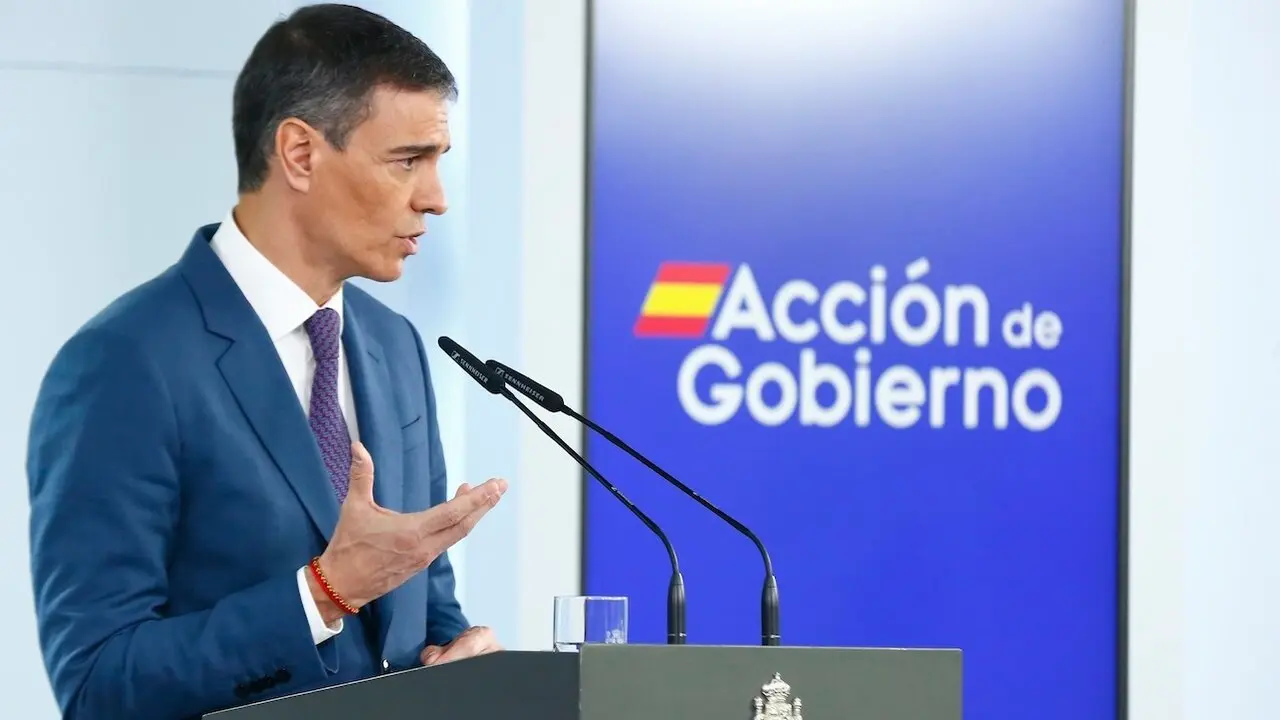 El presidente del Gobierno, Pedro Sánchez, durante la rueda de prensa que ha ofrecido en el Palacio de La Moncloa
