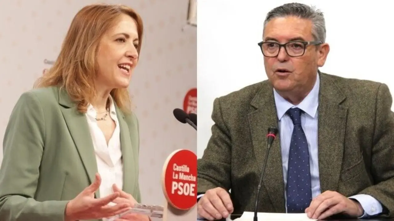 La vicesecretaria general del PSOE de Castilla-La Mancha y eurodiputada, Cristina Maestre, y el diputado regional del PP, Santiago Lucas-Torres, este lunes en sendas ruedas de prensa en Toledo