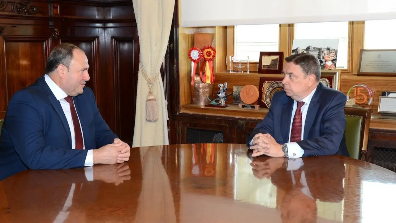 En la imagen de archivo el consejero de Agricultura, Ganadería y Desarrollo Rural, Julián Martínez Lizán, en una reunión con el ministro de Agricultura, Pesca y Alimentación, Luis Planas