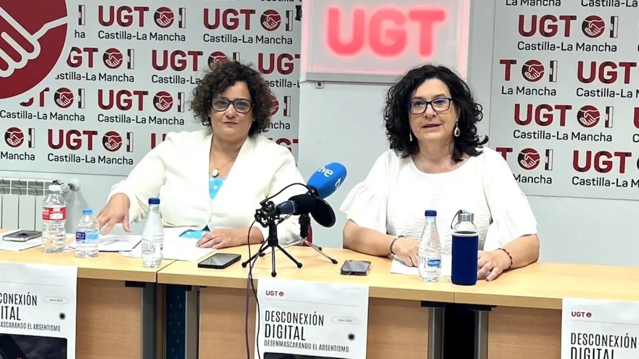 La secretaria de Salud Laboral de UGT Confederal, Patricia Ruiz, y la secretaria general de UGT Castilla-La Mancha, Lola Alcónez, han presentado los resultados del estudio “Desconexión digital. Desenmascarando el absentismo”