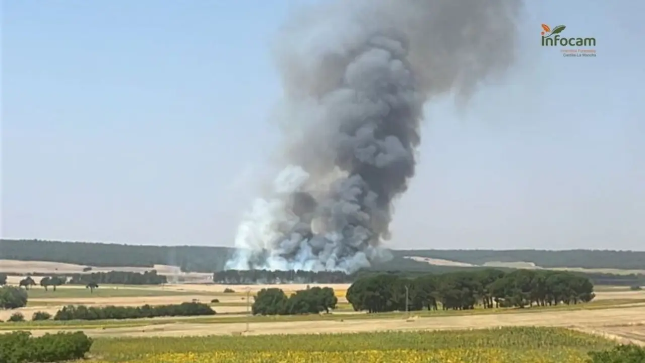 Varios medios trabajan en un incendio forestal declarado en Almodóvar del Pinar (Cuenca)