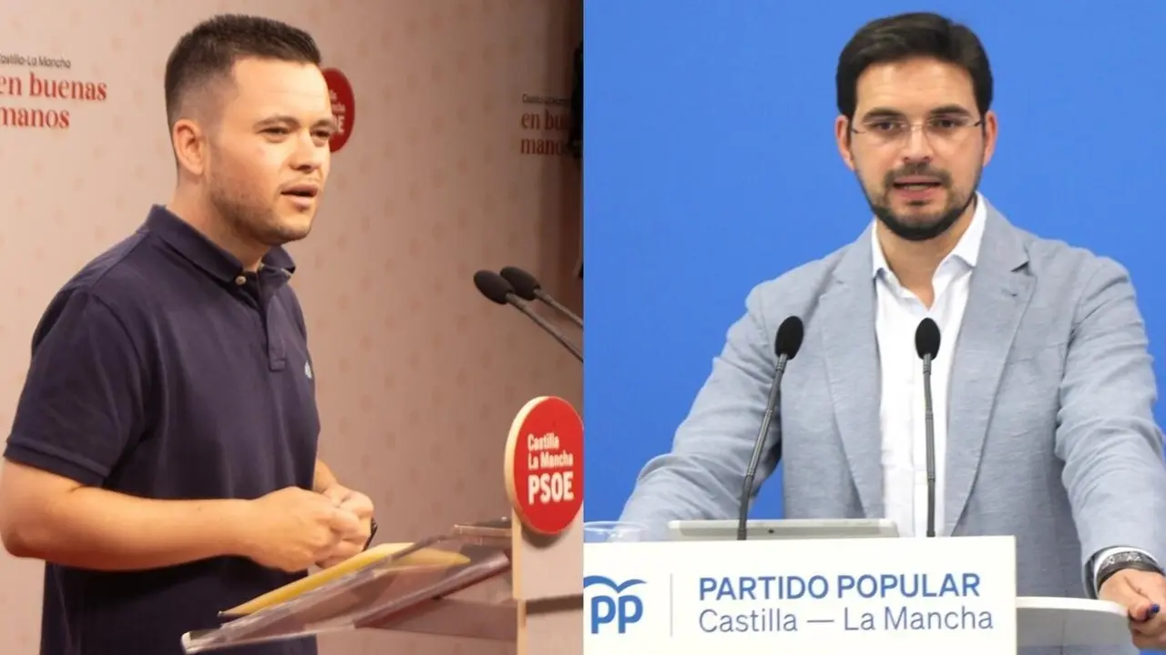 Los diputados regionales del PSOE y del PP, Álvaro Toconar y Santiago Serrano, respectivamente, durante sendas ruedas de prensa que han ofrecido