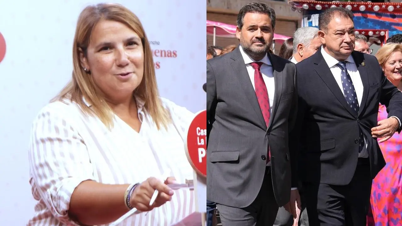 La presidente del PSOE en la provincia de Toledo Tita García Élez en rueda de prensa y el presidente del PP de Castilla-La Mancha Paco Núñez en Gálvez
