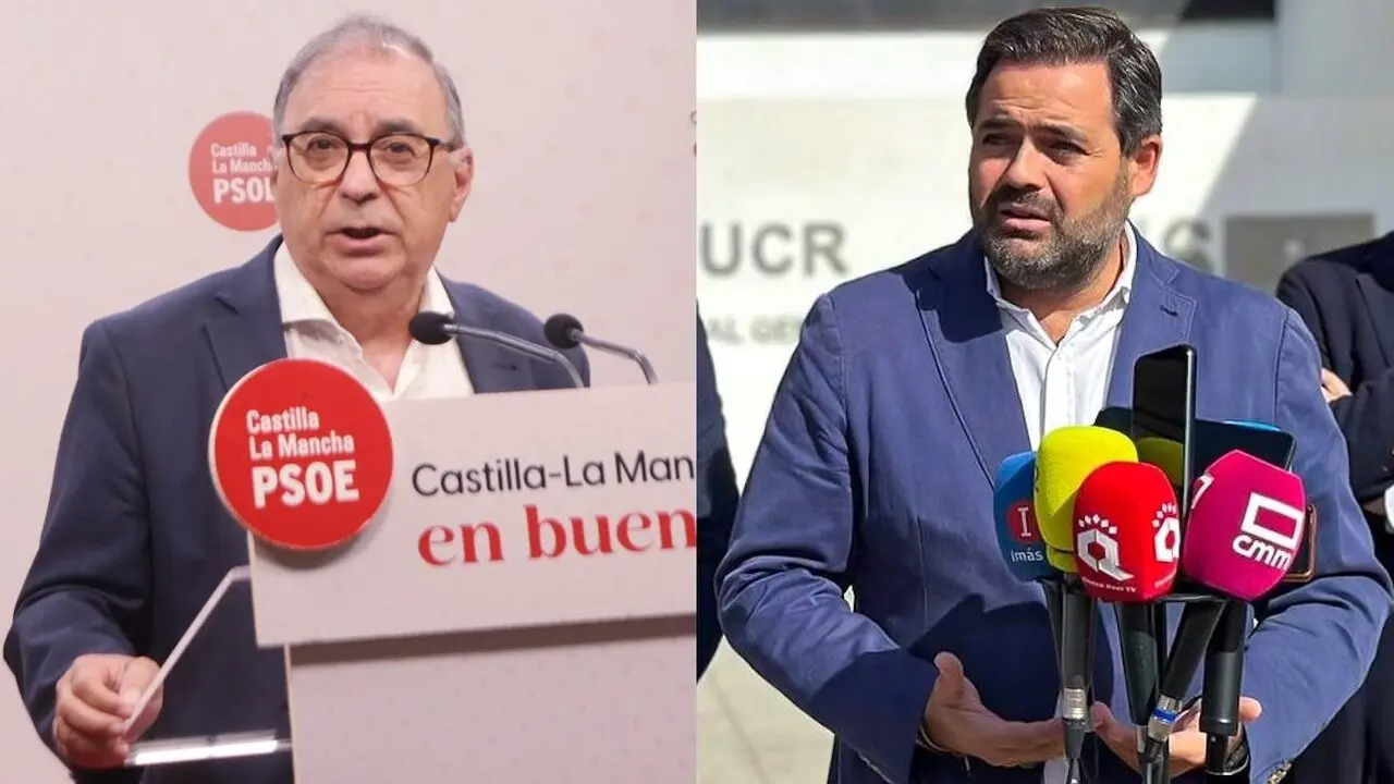 El secretario de Análisis y Estudios Estratégicos del PSOE de Castilla-La Mancha, Fernando Mora, y el presidente regional del PP, Paco Núñez, este viernes en sendas comparecencias ante los medios