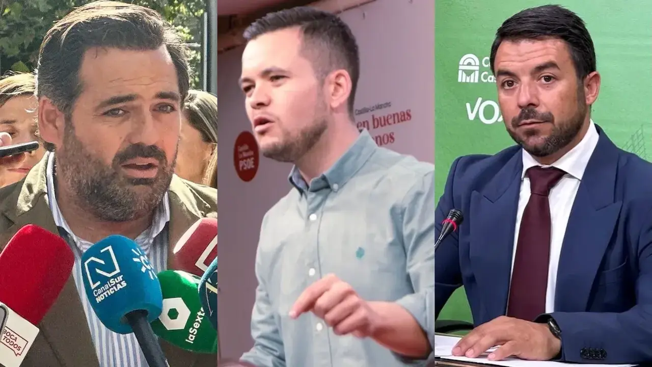 En las imágenes el presidente del PP de Castilla-La Mancha, Paco Núñez; el diputado regional del PSOE, Álvaro Toconar; y el portavoz parlamentario de Vox, Iván Sánchez
