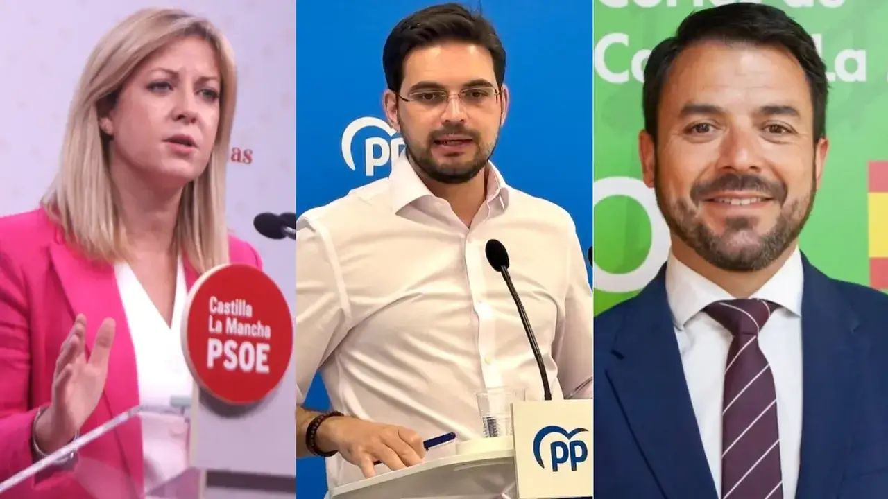 La portavoz del PSOE en las Cortes de Castilla-La Mancha, Ana Isabel Abengózar, el viceportavoz del PP, Santiago Serrano y el portavoz de Vox, Iván Sánchez