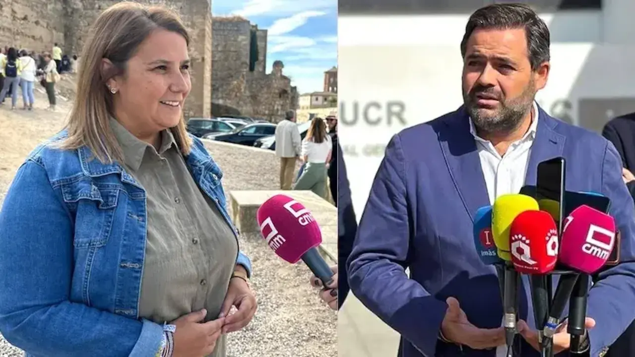 La presidente del PSOE de las provincia de Toledo, Tita García Élez, atendiendo a los medios este sábado en Escalona, y el presidente del PP de Castilla-La Mancha, Paco Núñez, en una imagen de archivo
