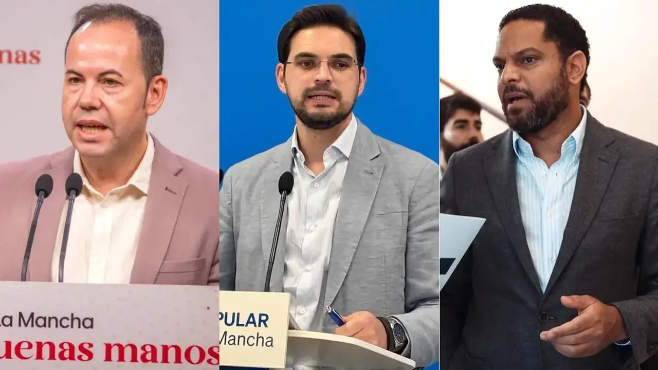 El secretario de Formación del PSOE en Castilla-La Mancha, Sergio García-Navas; el portavoz adjunto del PP en las Cortes, Santiago Serrano y el secretario general de Vox, Ignacio Garriga