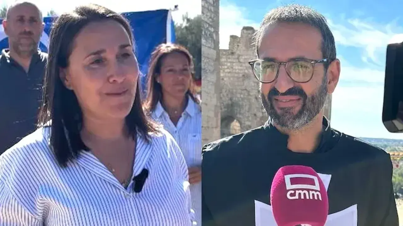 La portavoz del PP de Castilla-La Mancha, Alejandra Hernández, y el secretario de organización del PSOE de Castilla-La Mancha, Sergio Gutiérrez, atendiendo a los medios de comunicación este sábado