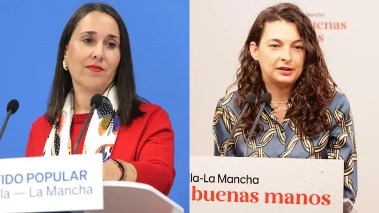 La portavoz del PP de Castilla-La Mancha, Alejandra Hernández y la diputada regional del PSOE, Paloma Jiménez, este martes en sendas ruedas de prensa