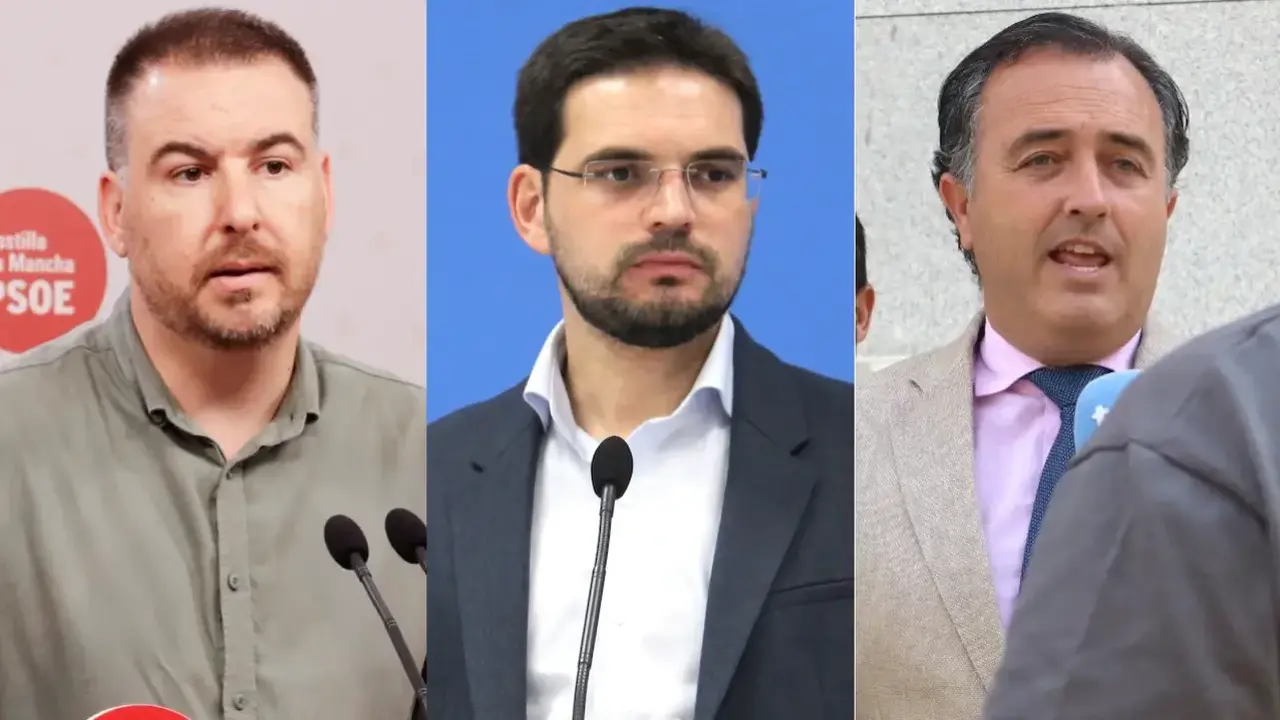 Los parlamentarios Antonio Sánchez Requena (PSOE), Santiago Serrano (PP) y David Moreno (Vox), este jueves en diferentes comparecencias