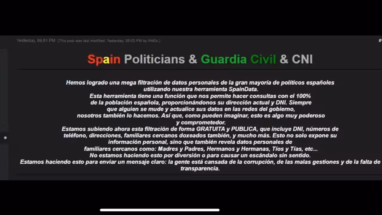 Mensaje colgado en internet por el 'hacker' que asegura haber accedido a información confidencial de Pedro Sánchez y ministros