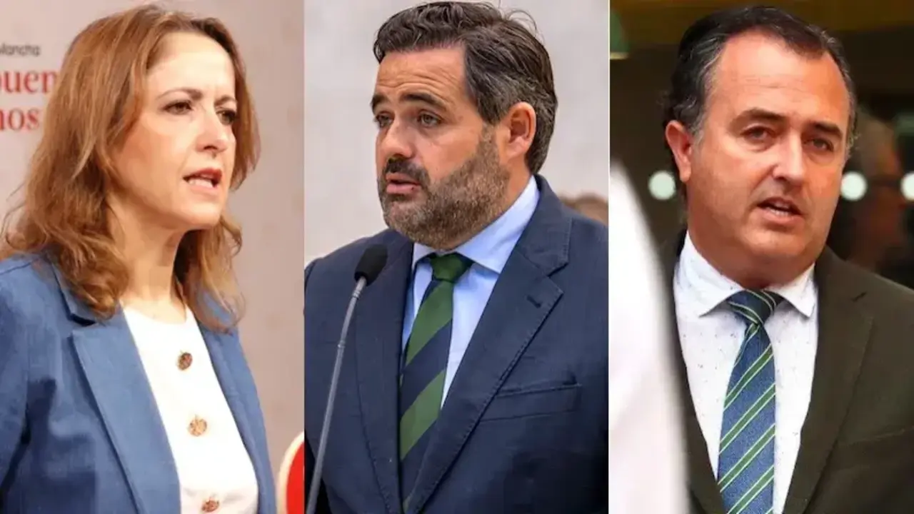 La vicesecretaria del PSOE de Castilla-La Mancha, Cristina Maestre; el presidente regional del PP, Paco Núñez y el presidente de Vox en las Cortes Regionales, David Moreno