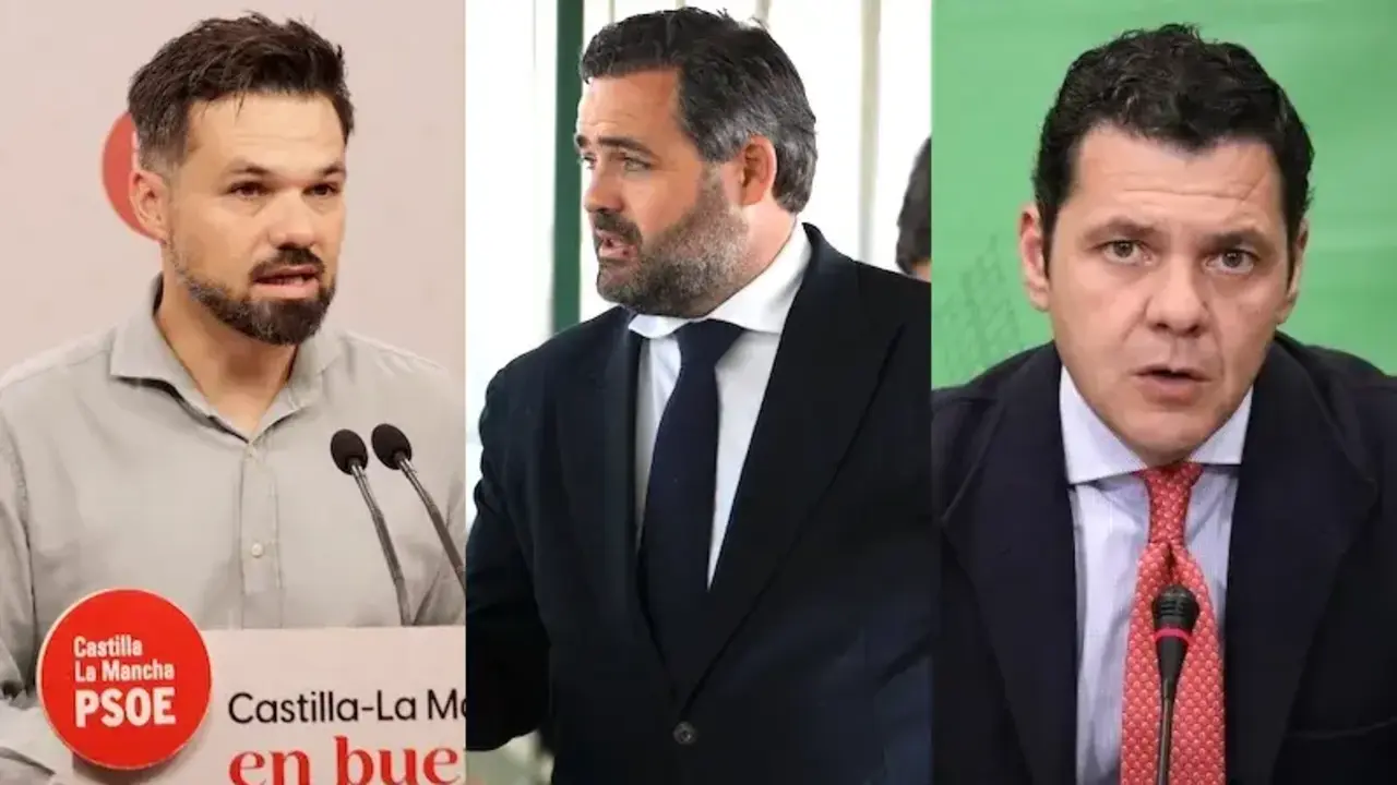 El secretario de Acción Electoral y Comunicación Interna del PSOE, Miguel Zamora; el presidente del PP de Castilla-La Mancha, Paco Núñez; y el diputado regional de Vox, Luis Blázquez