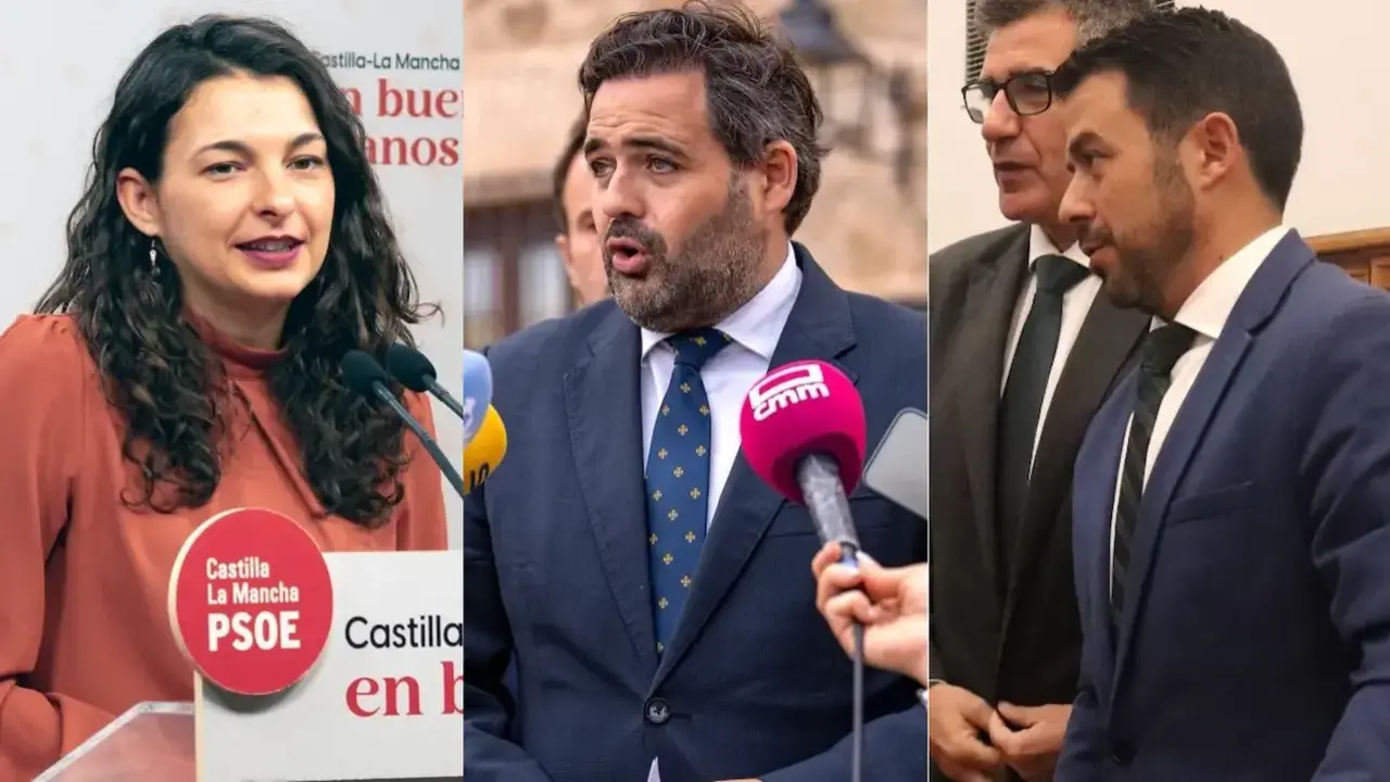 La diputada regional del PSOE, Paloma Jiménez; el presidente regional del PP, Paco Núñez; y el portavoz de Vox en las Cortes regionales, Iván Sánchez