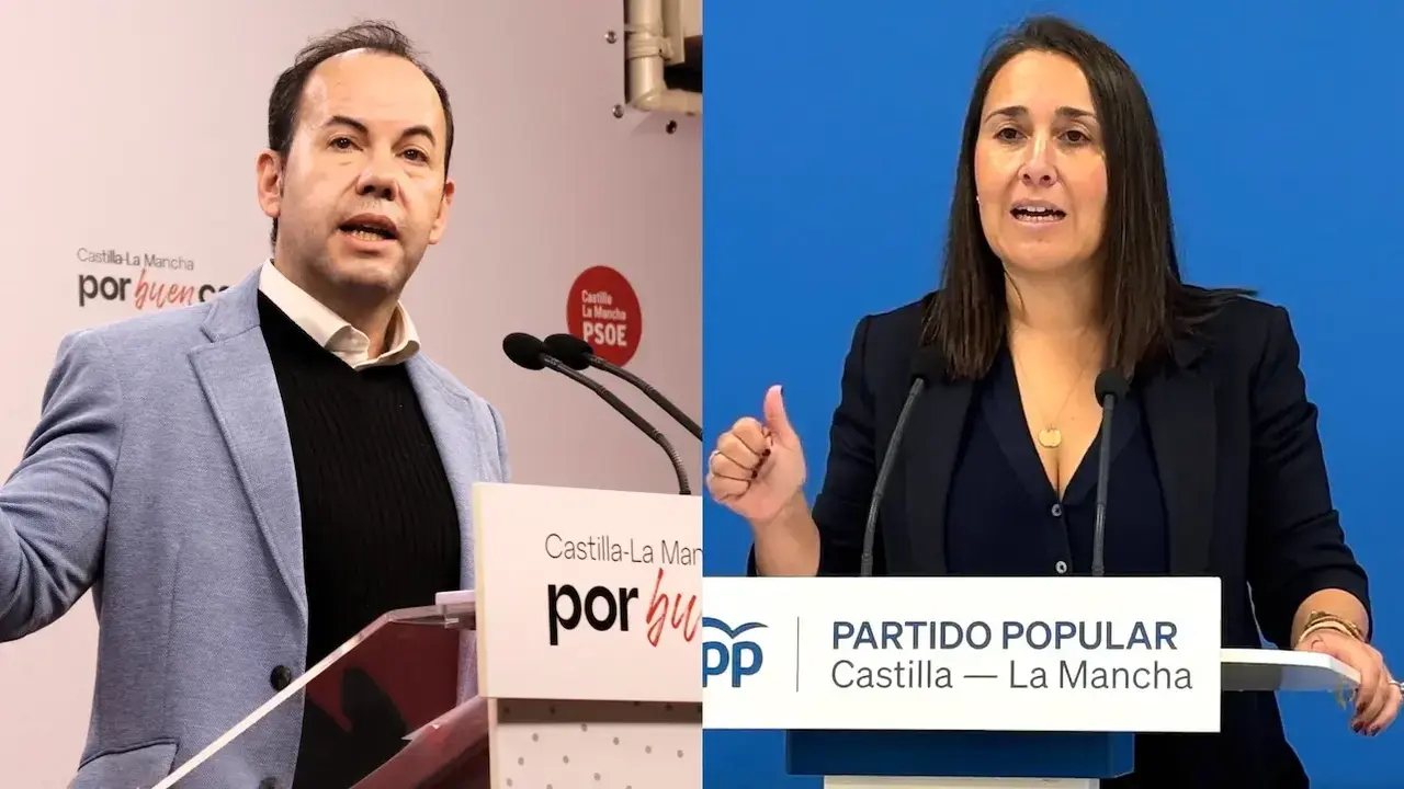 El secretario de Formación del PSOE de Castilla-La Mancha, Sergio García-Navas, y la portavoz del PP de Castilla-La Mancha, Alejandra Hernández, este martes en sendas ruedas de prensa en Toledo