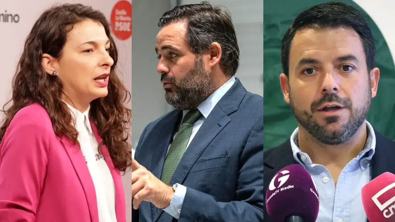 La diputada regional del PSOE, Paloma Jiménez, el presidente del PP de Castilla-La Mancha, Paco Núñez, y el portavoz de Vox en las Cortes, Iván Sánchez