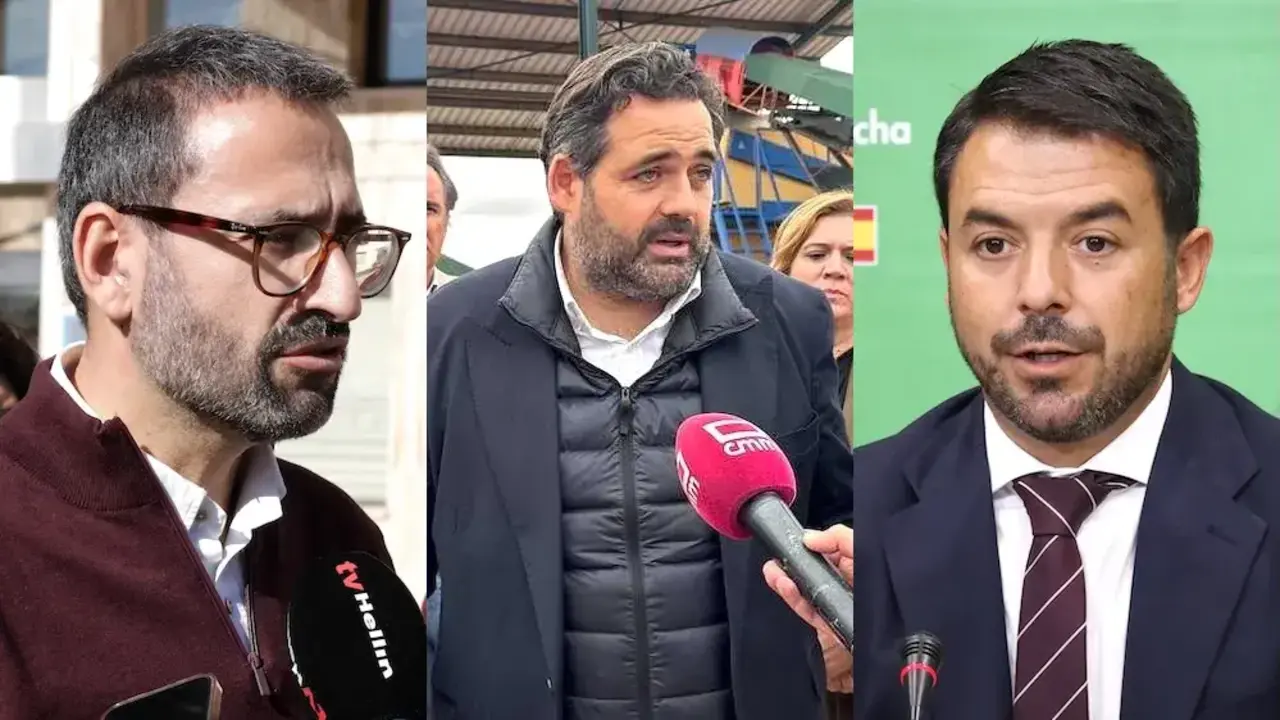 El secretario de Organización del PSOE de Castilla-La Mancha, Sergio Gutiérrez; el presidente regional del PP, Paco Núñez; y el portavoz de Vox en las Cortes regionales, Iván Sánchez
