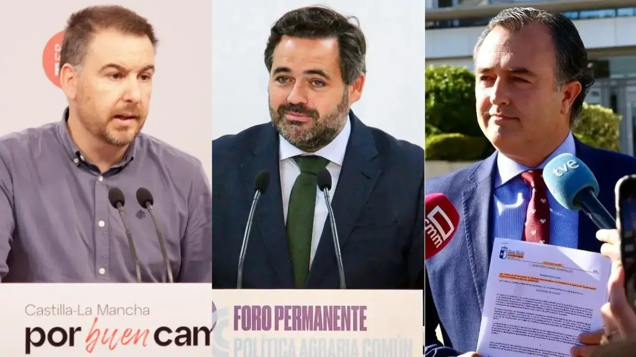 El diputado regional del PSOE, Antonio Sánchez Requena; el presidente del PP de Castilla-La Mancha, Paco Núñez; y el presidente de Vox en las Cortes regionales, David Moreno