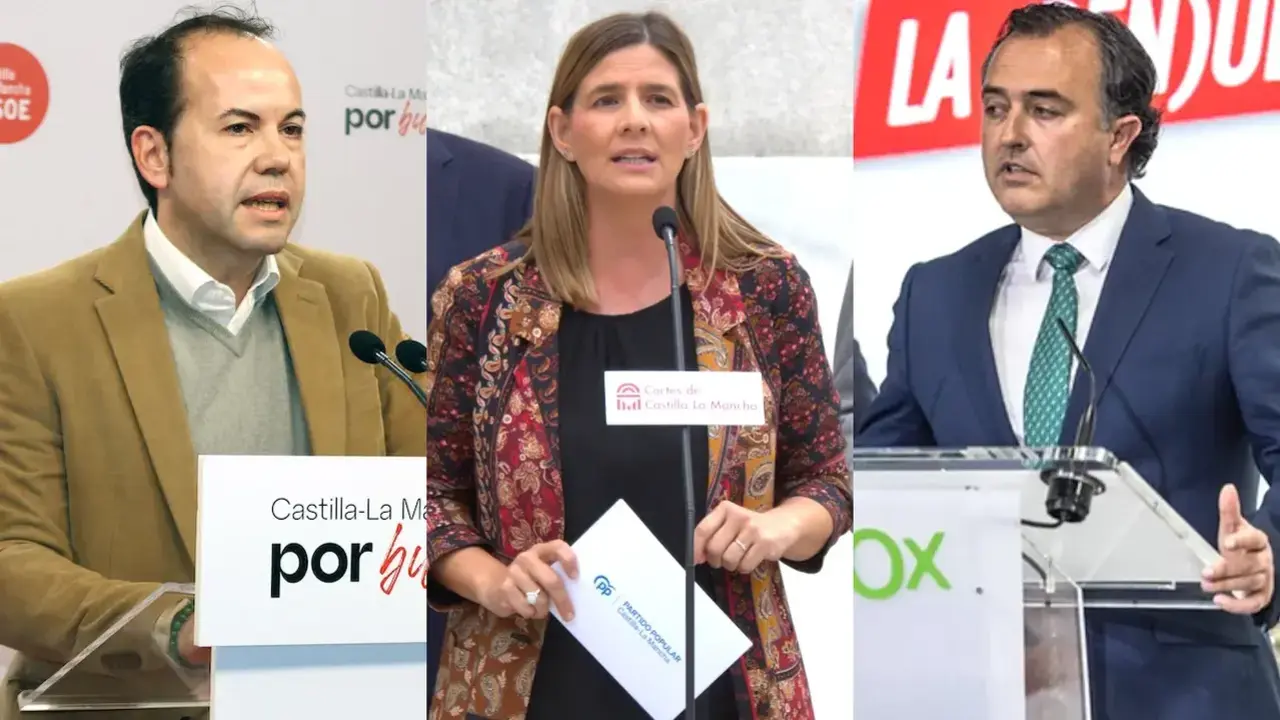 El secretario de Formación del PSOE, Sergio García-Navas; la secretaria general del PP, Carolina Agudo; y el presidente de Vox en las Cortes, David Moreno, durante sus comparecencias este jueves