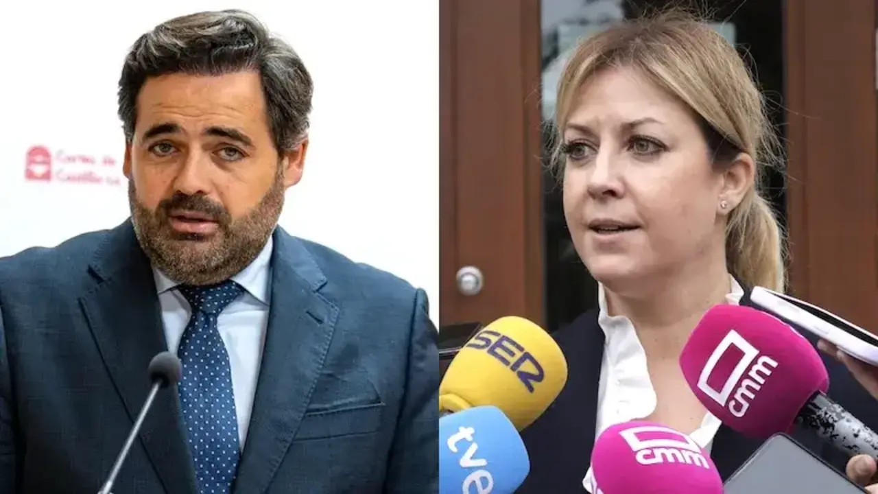 El presidente del PP de Castilla-La Mancha, Paco Núñez, y la portavoz del PSOE en las Cortes, Ana Isabel Abengózar, este lunes atendiendo a los medios de comunicación