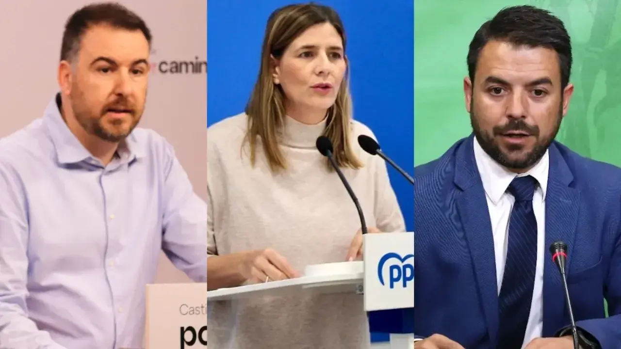 El diputado regional del PSOE, Antonio Sánchez; la secretaria general del PP, Carolina Agudo; y el portavoz de Vox en las Cortes, Iván Sánchez