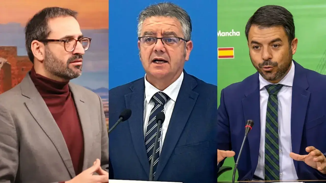 El secretario de Organizaci&oacute;n del PSOE de Castilla-La Mancha, Sergio Guti&eacute;rrez; el diputado regional del PP, Juan Antonio Moreno; y el portavoz de Vox en las Cortes, Iv&aacute;n S&aacute;nchez.
