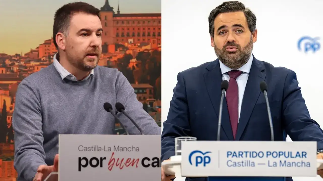 El diputado regional del PSOE, Antonio S&aacute;nchez Requena, y el presidente del PP de Castilla-La Mancha, Paco N&uacute;&ntilde;ez, en sendas comparecencias este viernes.