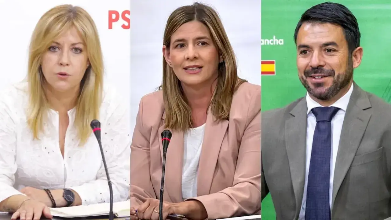 Los portavoces parlamentarios de PSOE, PP y Vox, Ana Isabel Abeng&oacute;zar, Carolina Agudo e Iv&aacute;n S&aacute;nchez, respectivamente, durante las ruedas de prensa que han ofrecido