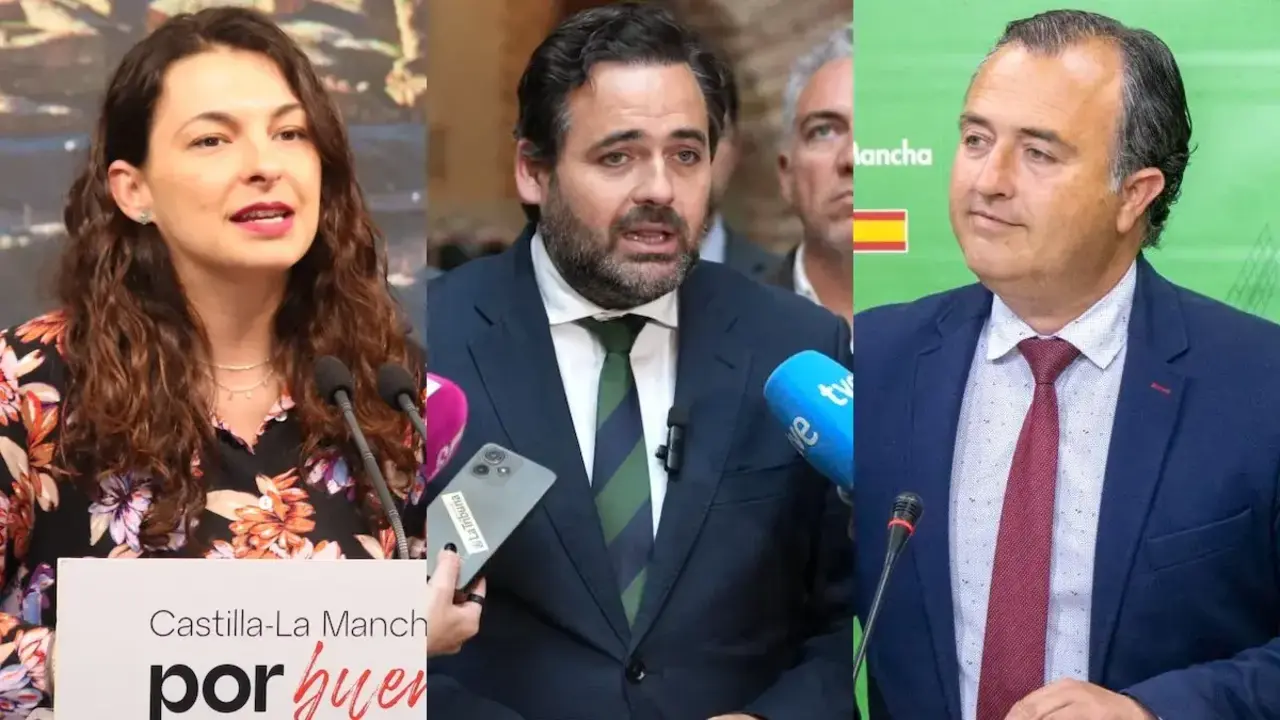 La diputada regional del PSOE, Paloma Jim&eacute;nez; el presidente del PP de Castilla-La Mancha, Paco N&uacute;&ntilde;ez; y el presidente de Vox en las Cortes, David Moreno, durante sus respectivas comparecencias