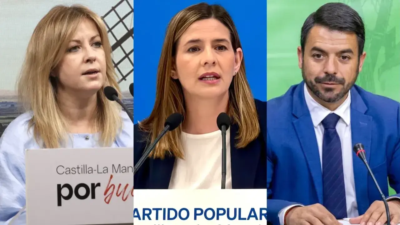 La portavoz del PSOE en las Cortes de Castilla-La Mancha, Ana Isabel Abeng&oacute;zar; la portavoz del PP, Carolina Agudo; y el portavoz de Vox, Iv&aacute;n S&aacute;nchez, durante sus comparecencias este lunes ante la prensa.