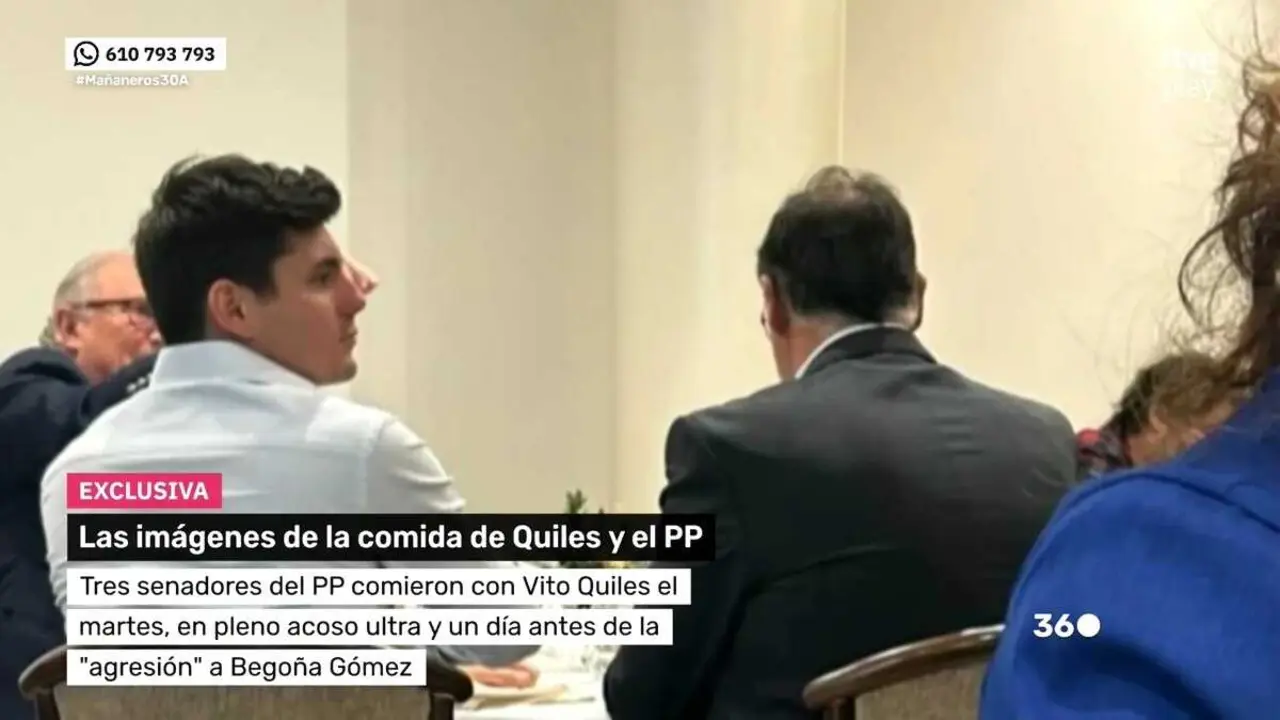 En la imagen pubicada en exclusiva por el programa 'Ma&ntilde;aneros' de TVE Vito Quiles y el senador del PP de Castilla-La Mancha, Bejam&iacute;n Prieto (de espaldas) durante la comida en el Senado.