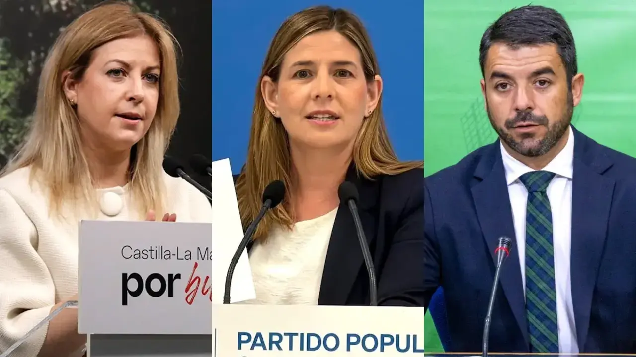 Los portavoces parlamentarios de PSOE, PP y Vox, Ana Isabel Abeng&oacute;zar, Carolina Agudo e Iv&aacute;n S&aacute;nchez, respectivamente, durante las comparecencias que han ofrecido en Toledo