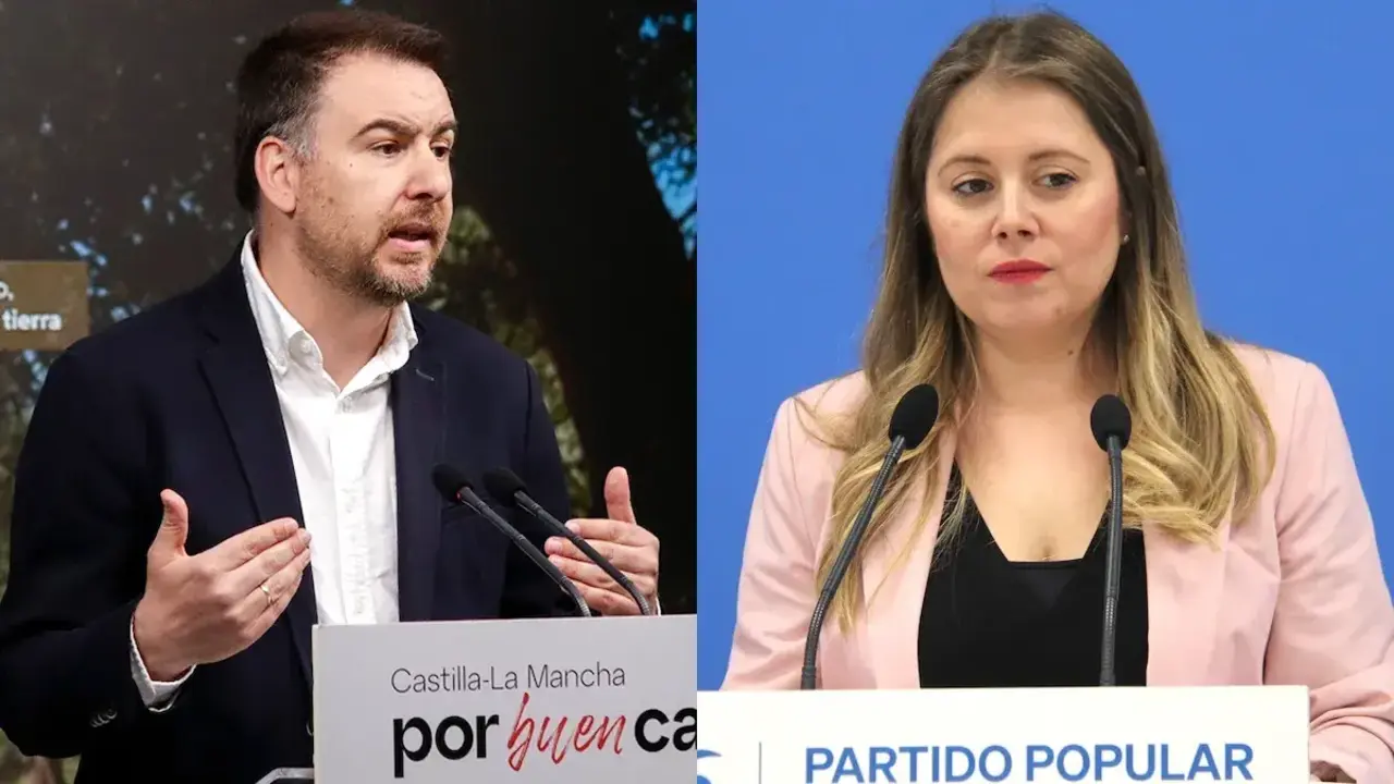 Los diputados regionales de PSOE y PP, Antonio S&aacute;nchez Requena e Itziar Asenjo, respectivamente, durante las ruedas de prensa que han ofrecido este viernes en Toledo.