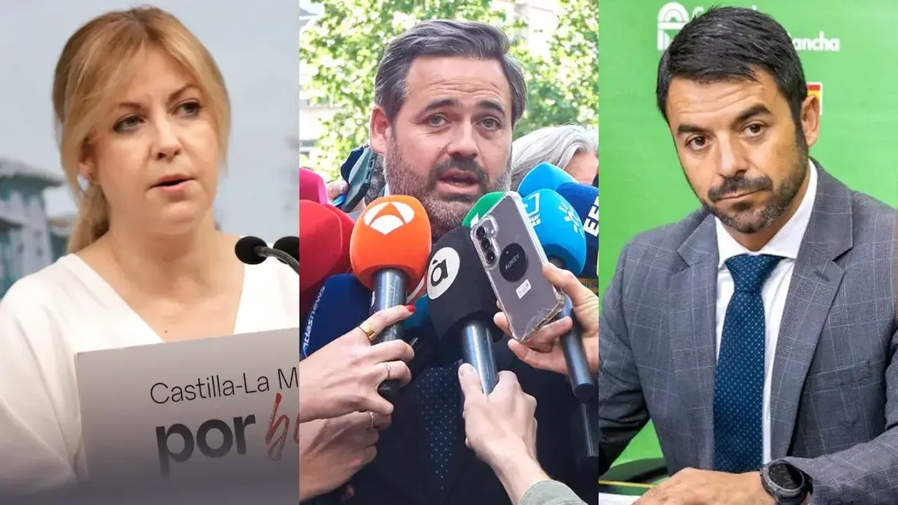 La portavoz del PSOE en las Cortes de Castilla-La Mancha, Ana Isabel Abeng&oacute;zar; el presidente del PP de Castilla-La Mancha, Paco N&uacute;&ntilde;ez; y el portavoz de Vox en las Cortes, Iv&aacute;n S&aacute;nchez