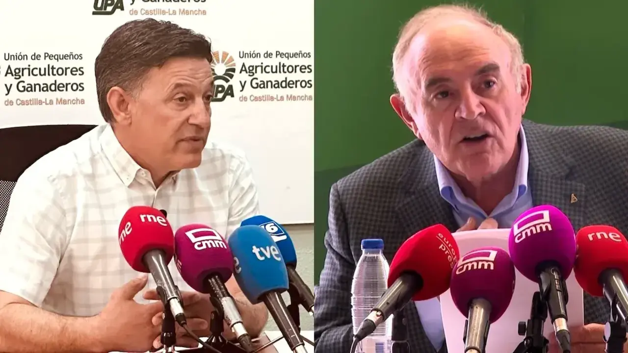El secretario general de UPA en Castilla-La Mancha, Juli&aacute;n Morcillo; y el presidente de Asaja Castilla-La Mancha, Jos&eacute; Mar&iacute;a Fresneda